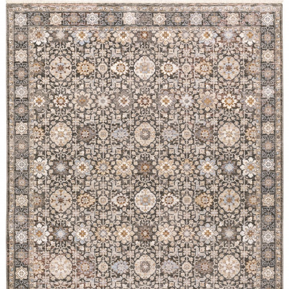 10' X 13' Charcoal And Ivory Oriental Area Rug With Fringe