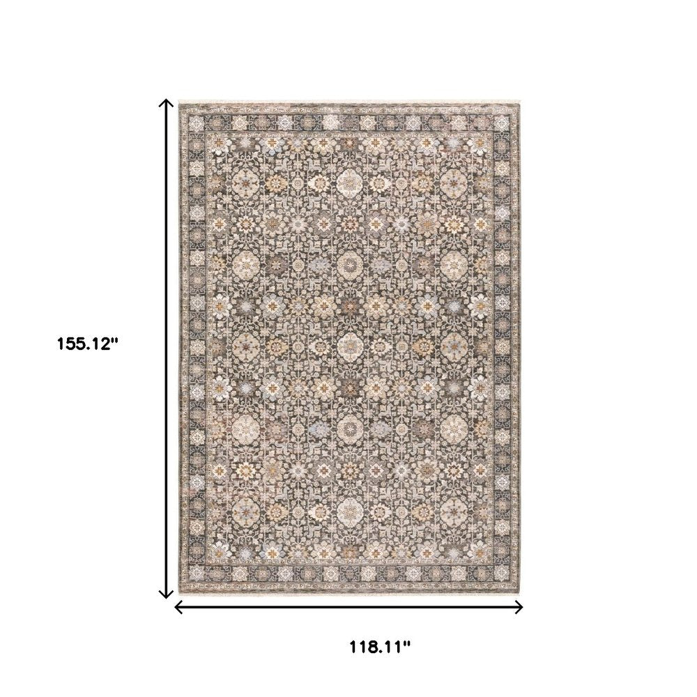 10' X 13' Charcoal And Ivory Oriental Area Rug With Fringe