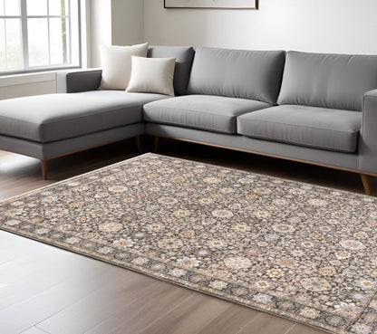 10' X 13' Charcoal And Ivory Oriental Area Rug With Fringe