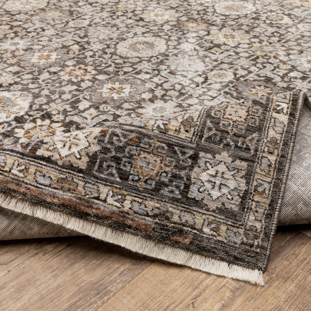 10' X 13' Charcoal And Ivory Oriental Area Rug With Fringe