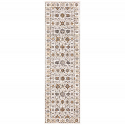 2' X 8' Ivory And Gold Oriental Power Loom Stain Resistant Runner Rug With Fringe