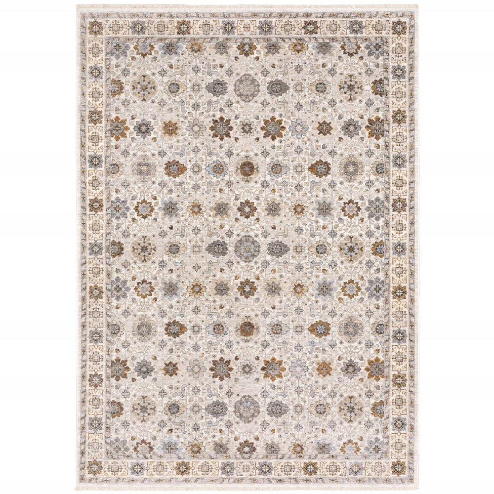 2' X 3' Ivory And Gold Oriental Power Loom Stain Resistant Area Rug With Fringe
