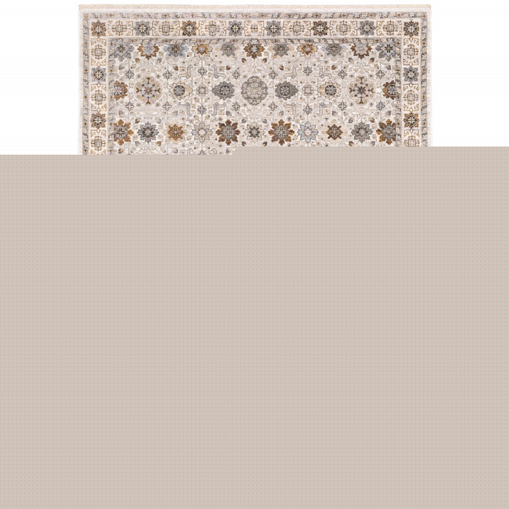 3' X 5' Ivory And Gold Oriental Power Loom Stain Resistant Area Rug With Fringe