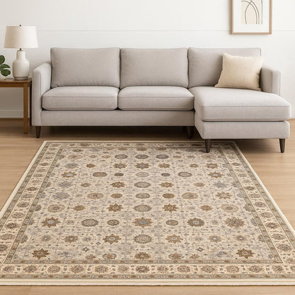6' X 9' Ivory And Gold Oriental Power Loom Stain Resistant Area Rug With Fringe