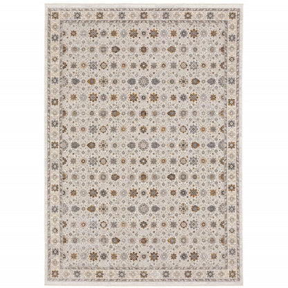 8' X 11' Ivory And Gold Oriental Power Loom Stain Resistant Area Rug With Fringe