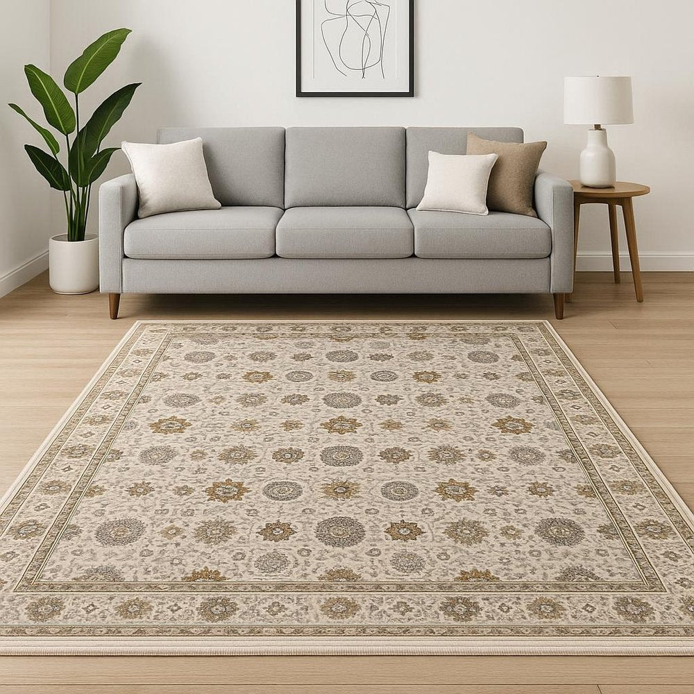 10' X 13' Ivory And Gold Oriental Power Loom Stain Resistant Area Rug With Fringe