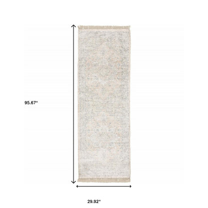 8' Beige And Gray Oriental Hand Loomed Runner Rug With Fringe