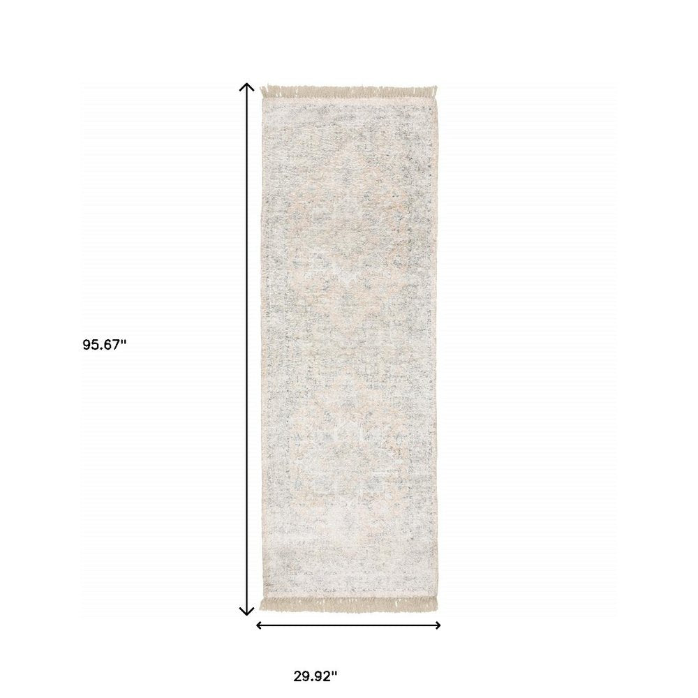 8' Beige And Gray Oriental Hand Loomed Runner Rug With Fringe