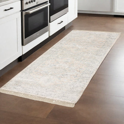 8' Beige And Gray Oriental Hand Loomed Runner Rug With Fringe