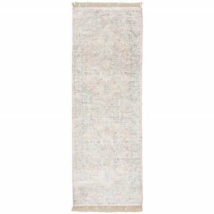 8' Beige And Gray Oriental Hand Loomed Runner Rug With Fringe