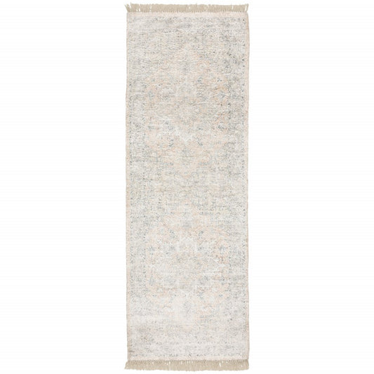 8' Beige And Gray Oriental Hand Loomed Runner Rug With Fringe