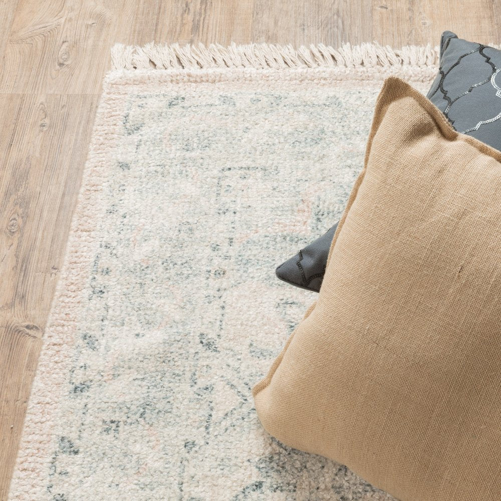 8' Beige And Gray Oriental Hand Loomed Runner Rug With Fringe