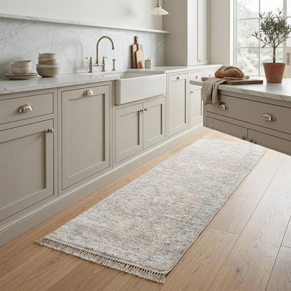 8' Beige And Gray Oriental Hand Loomed Runner Rug With Fringe