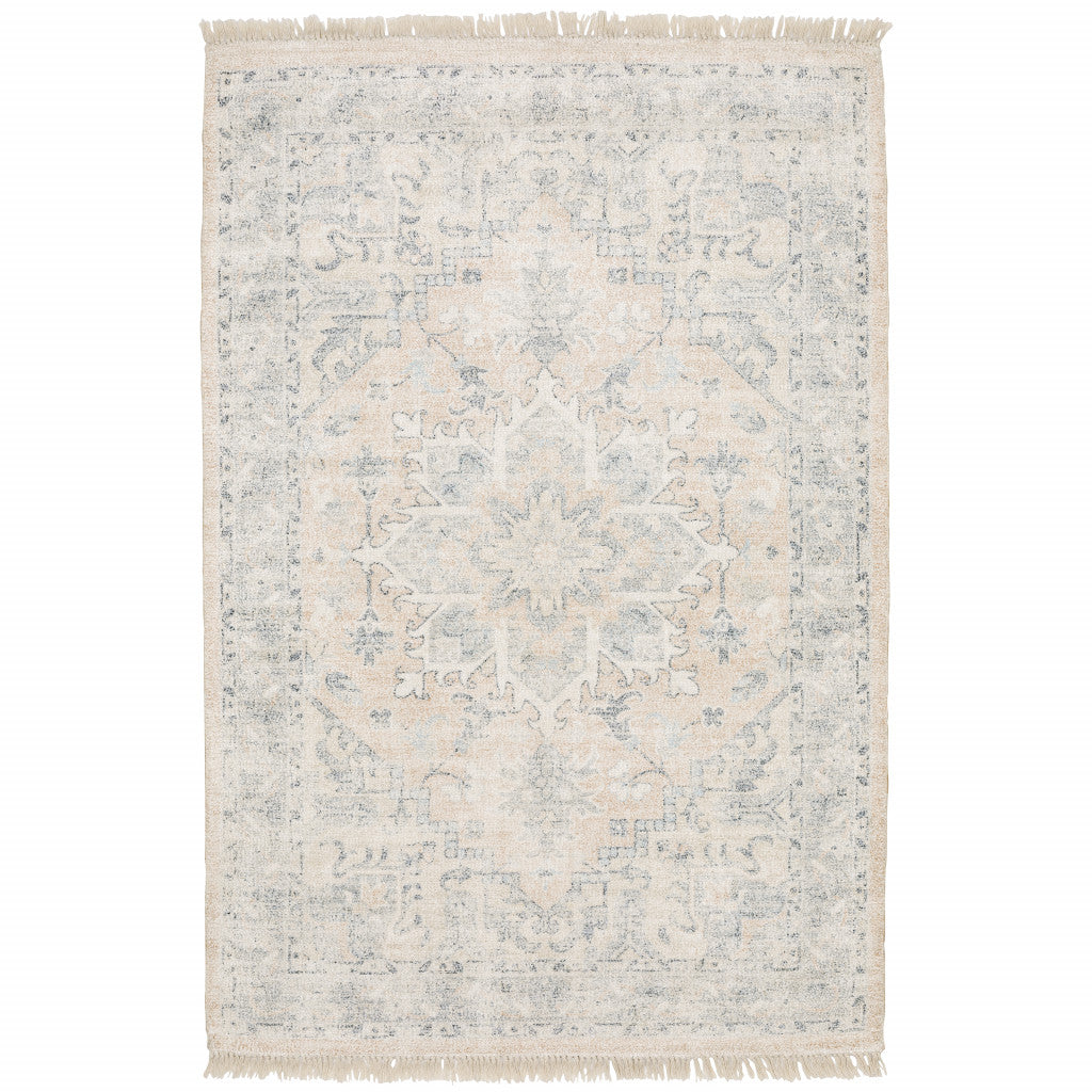 5' X 8' Beige And Grey Oriental Hand Loomed Stain Resistant Area Rug With Fringe