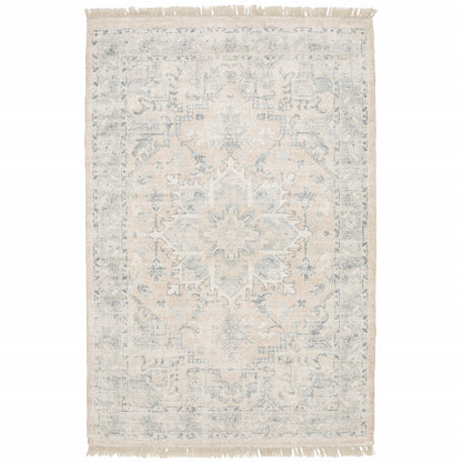 5' X 8' Beige And Grey Oriental Hand Loomed Stain Resistant Area Rug With Fringe