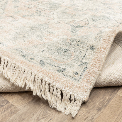 5' X 8' Beige And Grey Oriental Hand Loomed Stain Resistant Area Rug With Fringe