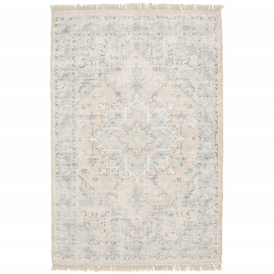 8' X 10' Beige And Grey Oriental Hand Loomed Stain Resistant Area Rug With Fringe