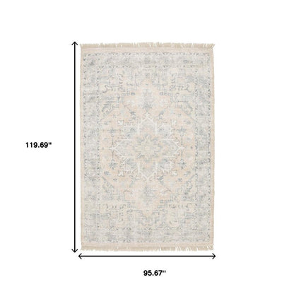 8' X 10' Beige And Grey Oriental Hand Loomed Stain Resistant Area Rug With Fringe