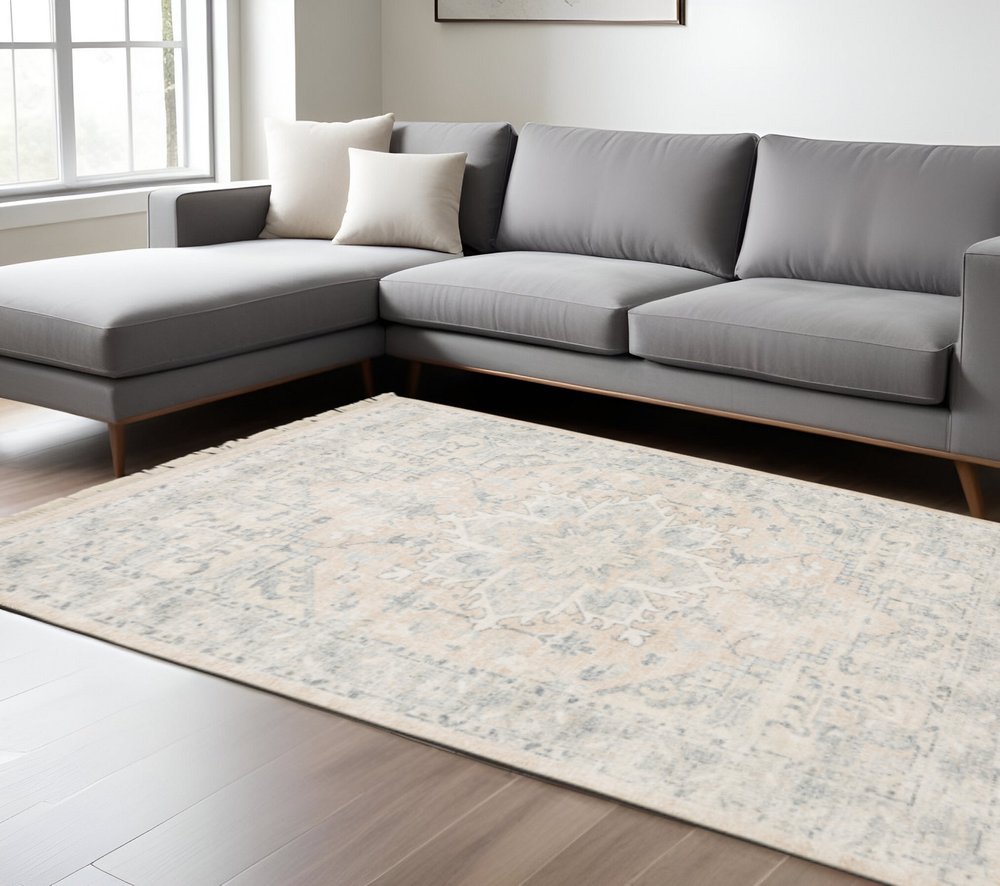 8' X 10' Beige And Grey Oriental Hand Loomed Stain Resistant Area Rug With Fringe
