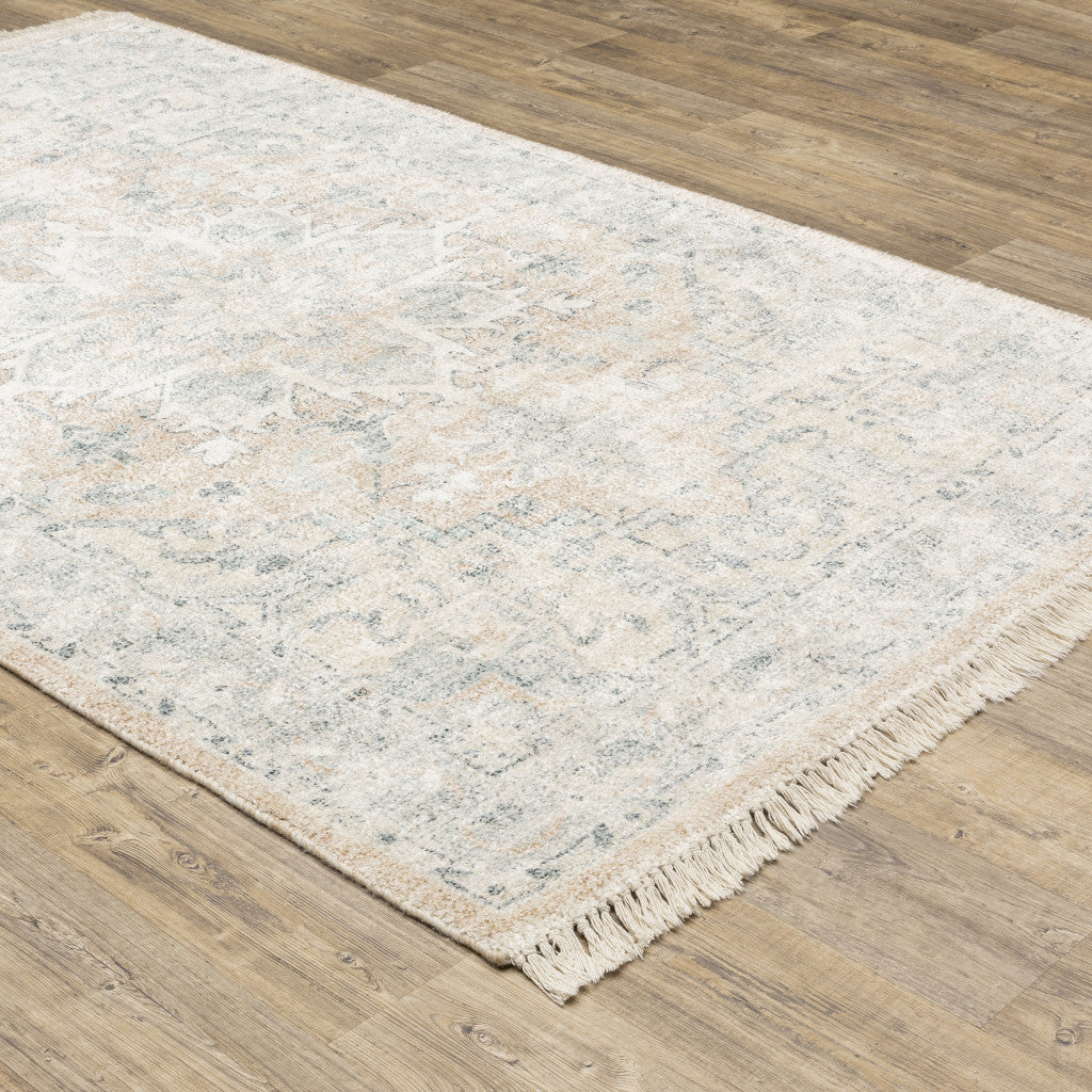 8' X 10' Beige And Grey Oriental Hand Loomed Stain Resistant Area Rug With Fringe