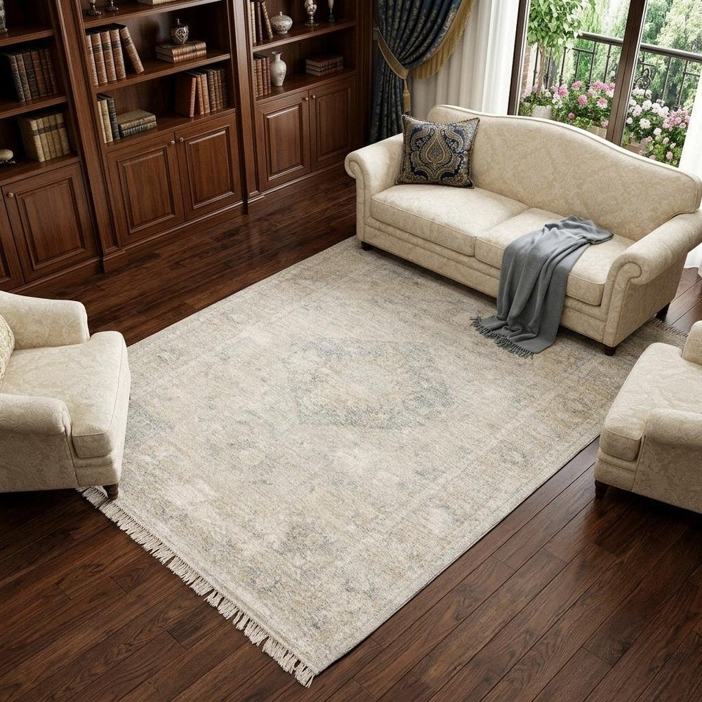 10' X 13' Beige And Gray Oriental Hand Loomed Distressed Area Rug With Fringe