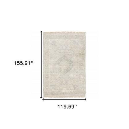 10' X 13' Beige And Gray Oriental Hand Loomed Distressed Area Rug With Fringe