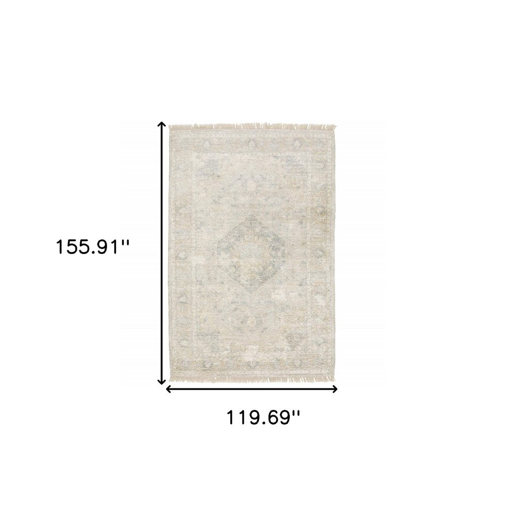10' X 13' Beige And Gray Oriental Hand Loomed Distressed Area Rug With Fringe