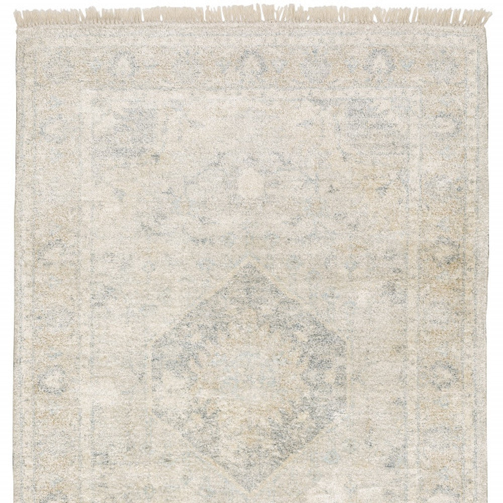 10' X 13' Beige And Grey Oriental Hand Loomed Stain Resistant Area Rug With Fringe