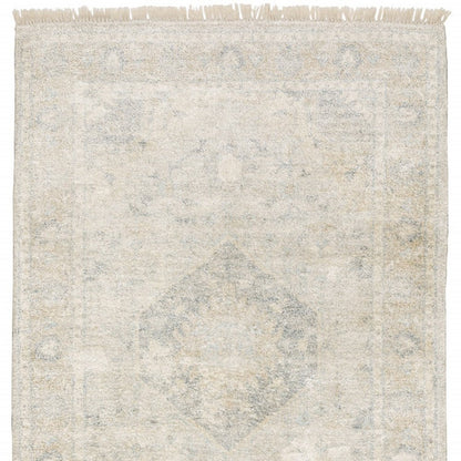 10' X 13' Beige And Gray Oriental Hand Loomed Distressed Area Rug With Fringe