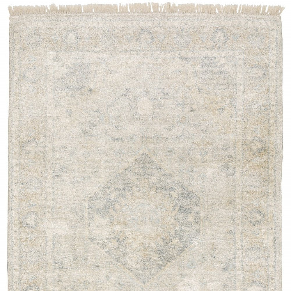 10' X 13' Beige And Gray Oriental Hand Loomed Distressed Area Rug With Fringe