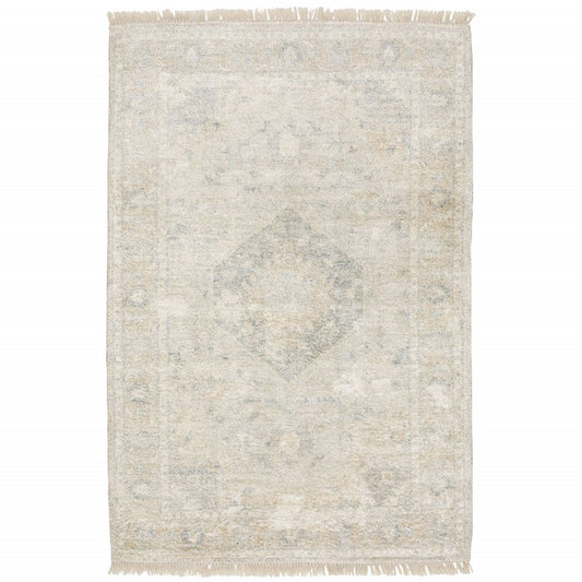 10' X 13' Beige And Gray Oriental Hand Loomed Distressed Area Rug With Fringe
