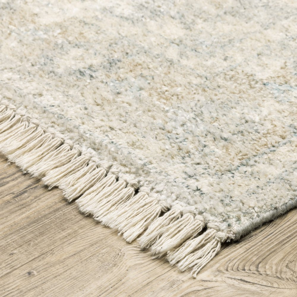 10' X 13' Beige And Gray Oriental Hand Loomed Distressed Area Rug With Fringe