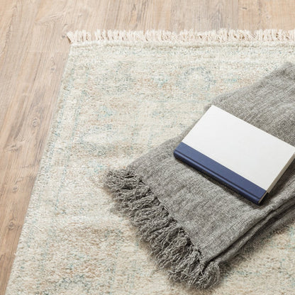 10' X 13' Beige And Gray Oriental Hand Loomed Distressed Area Rug With Fringe