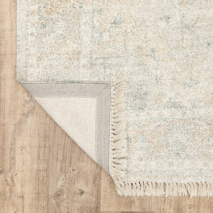 10' X 13' Beige And Gray Oriental Hand Loomed Distressed Area Rug With Fringe