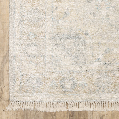 10' X 13' Beige And Grey Oriental Hand Loomed Stain Resistant Area Rug With Fringe