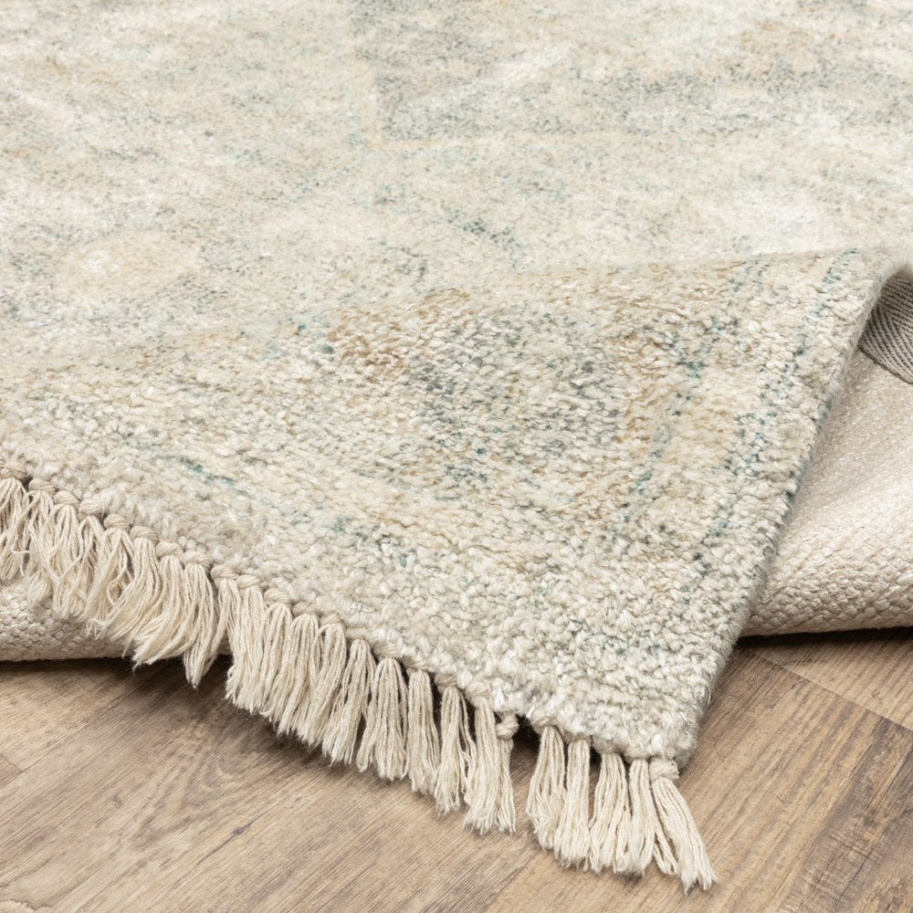 10' X 13' Beige And Gray Oriental Hand Loomed Distressed Area Rug With Fringe