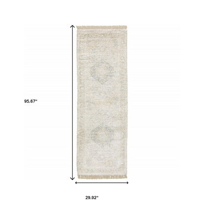 8' Beige and Ivory Oriental Hand Loomed Runner Rug With Fringe