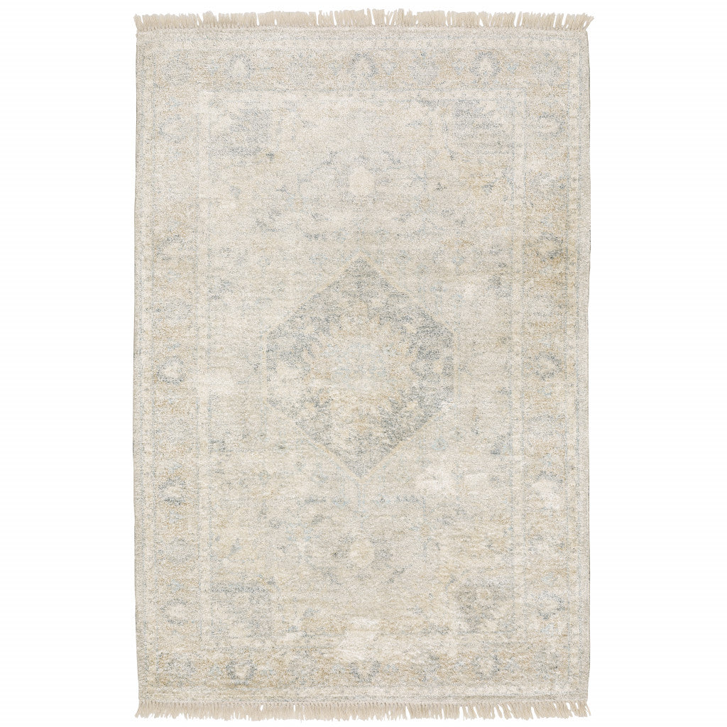 5' X 8' Beige And Grey Oriental Hand Loomed Stain Resistant Area Rug With Fringe