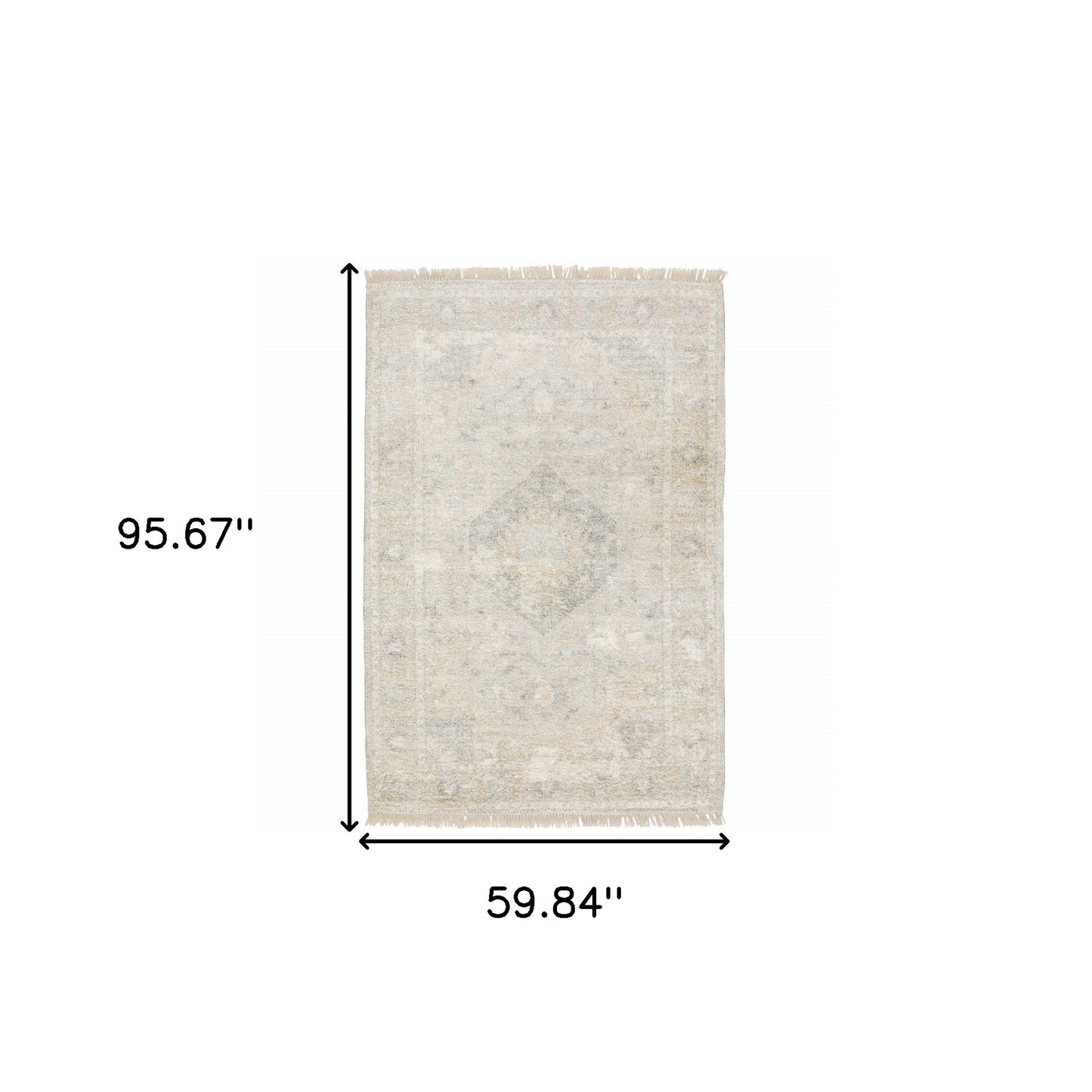 5' X 8' Beige And Grey Oriental Hand Loomed Stain Resistant Area Rug With Fringe