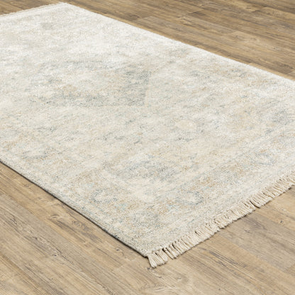 5' X 8' Beige And Grey Oriental Hand Loomed Stain Resistant Area Rug With Fringe