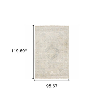 8' X 10' Beige And Grey Oriental Hand Loomed Stain Resistant Area Rug With Fringe