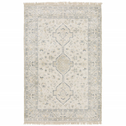 10' X 13' Beige And Charcoal Oriental Hand Loomed Stain Resistant Area Rug With Fringe