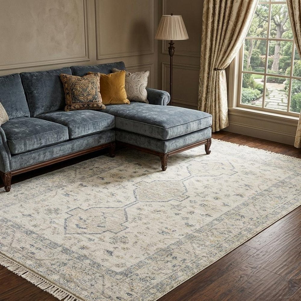 10' X 13' Beige And Charcoal Oriental Hand Loomed Distressed Area Rug With Fringe
