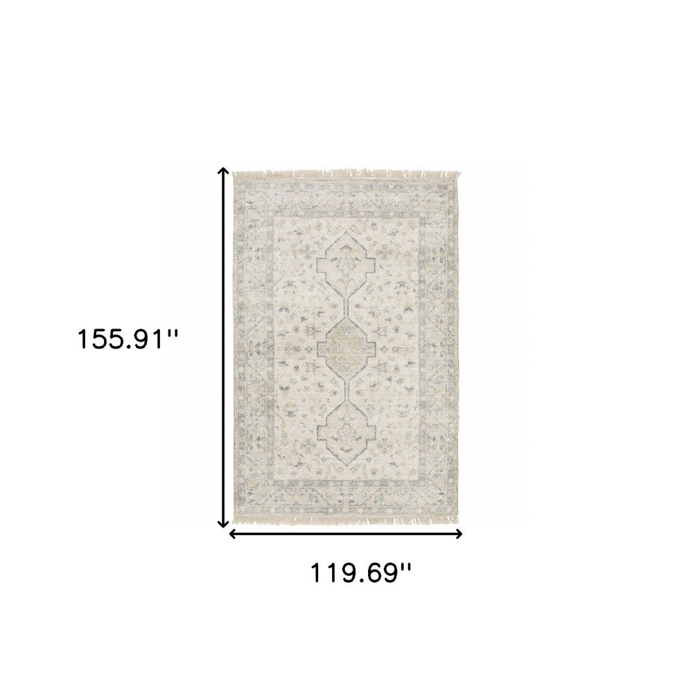 10' X 13' Beige And Charcoal Oriental Hand Loomed Distressed Area Rug With Fringe
