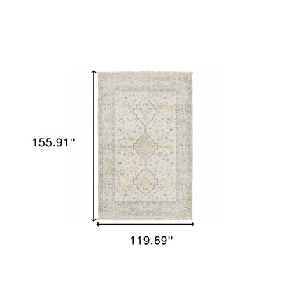 10' X 13' Beige And Charcoal Oriental Hand Loomed Distressed Area Rug With Fringe