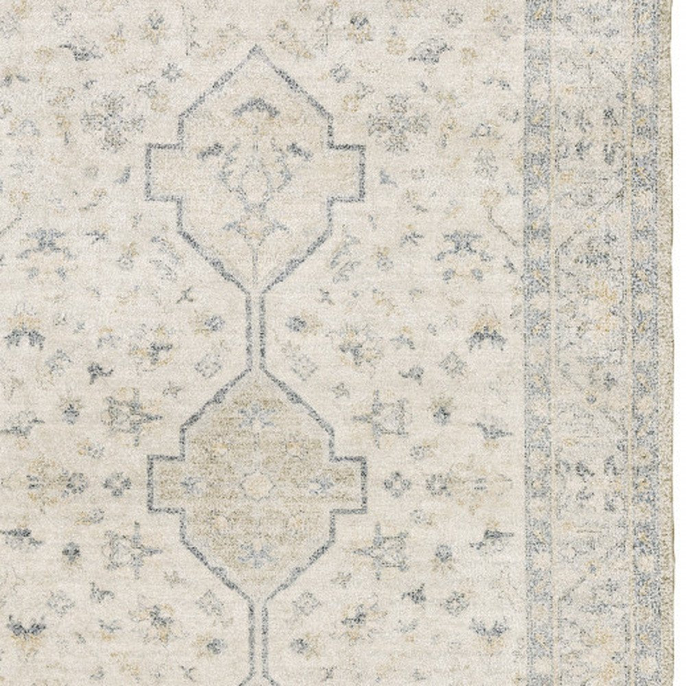 10' X 13' Beige And Charcoal Oriental Hand Loomed Distressed Area Rug With Fringe