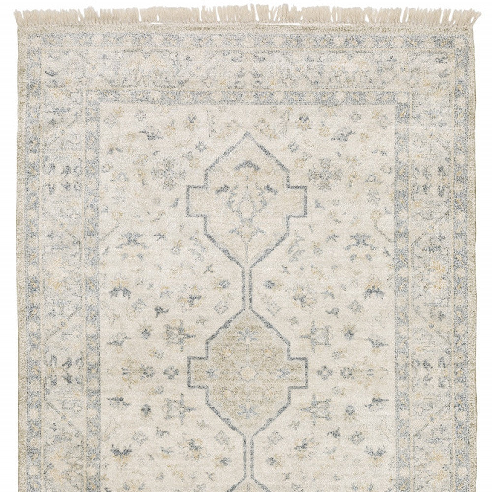 10' X 13' Beige And Charcoal Oriental Hand Loomed Stain Resistant Area Rug With Fringe