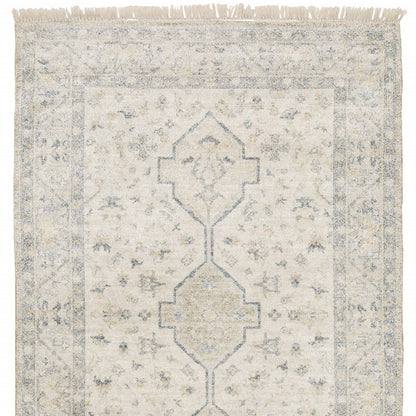 10' X 13' Beige And Charcoal Oriental Hand Loomed Stain Resistant Area Rug With Fringe