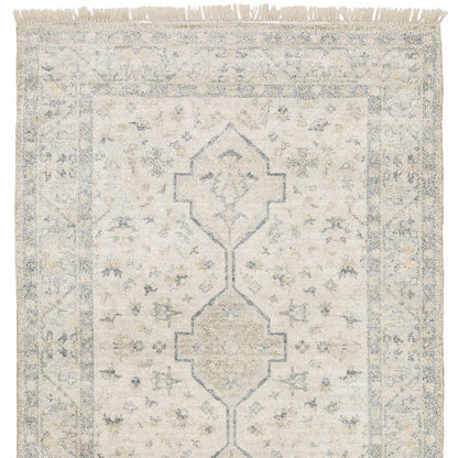 10' X 13' Beige And Charcoal Oriental Hand Loomed Distressed Area Rug With Fringe