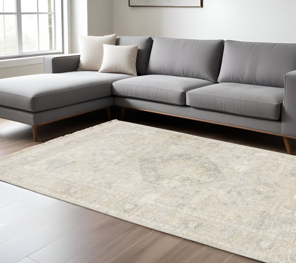 10' X 13' Beige And Charcoal Oriental Hand Loomed Distressed Area Rug With Fringe